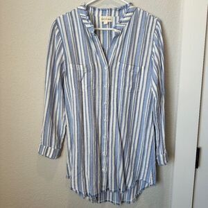 Anthropologie Cloth & Stone Blue White Linen Blend Button Front Shirt - Size S